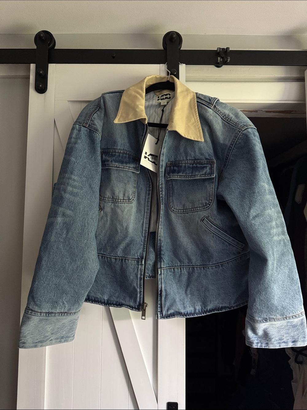 Brand New KBB Blue Denim Carpenter Jacket with Contrast Cream Collar